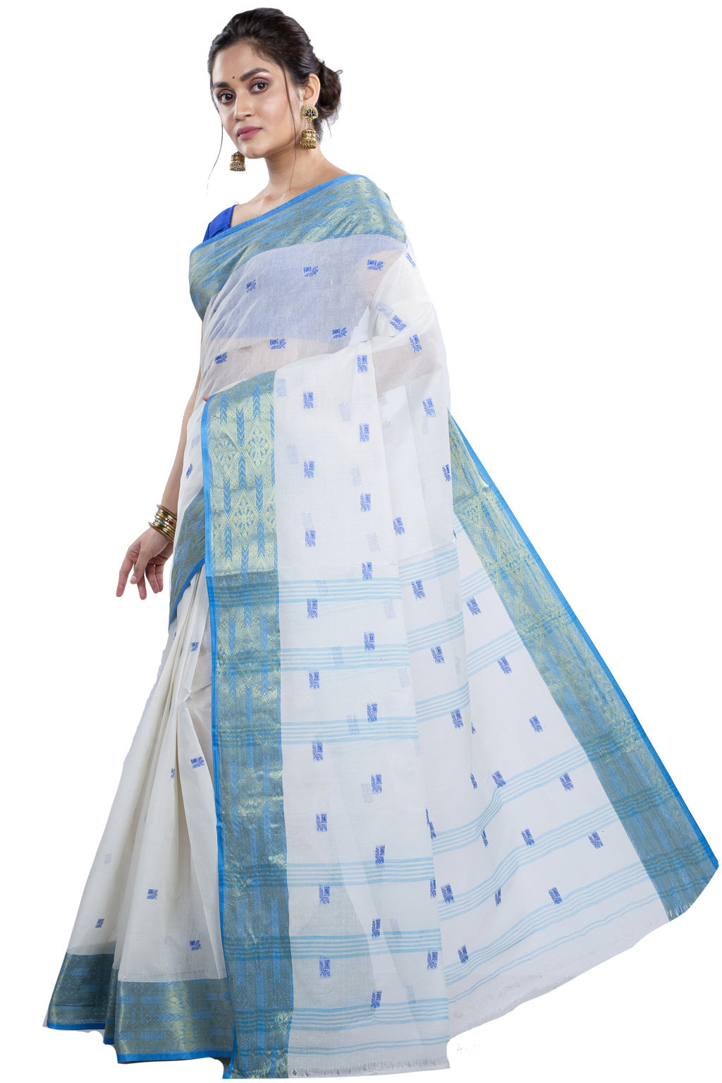 White Sky Pure Cotton SqureButi Tant Saree (795)